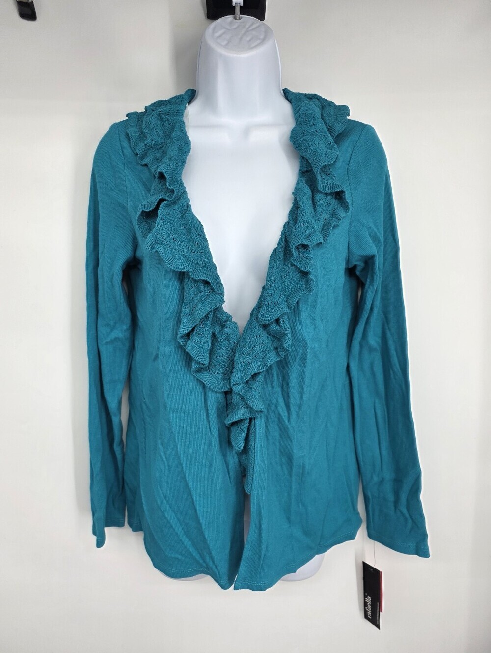 Rafaella Teal Blue Ruffle Open Front Cardigan Sweater Small NWT